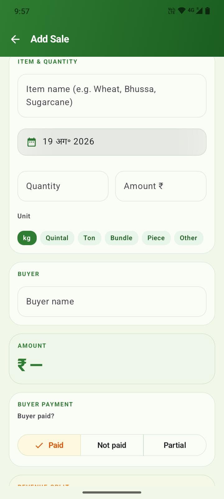Add sale — quantity, buyer, and payment status