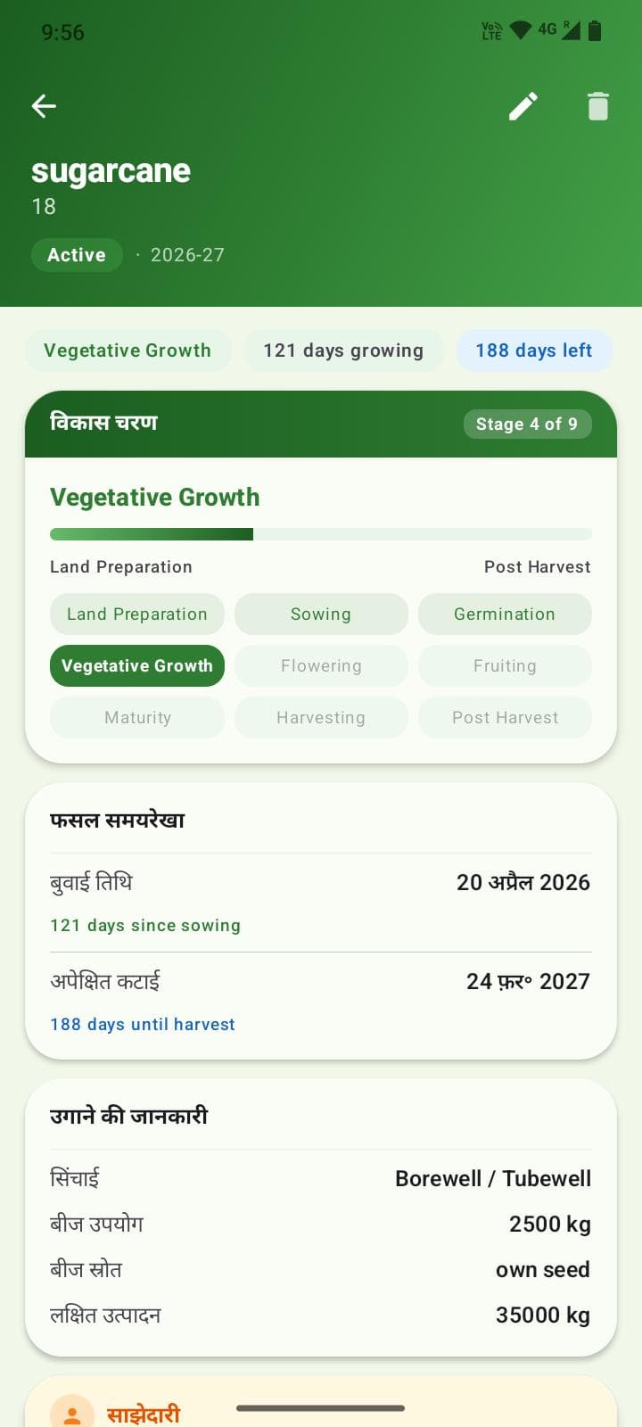 Crop detail — growth stage tracking and timeline