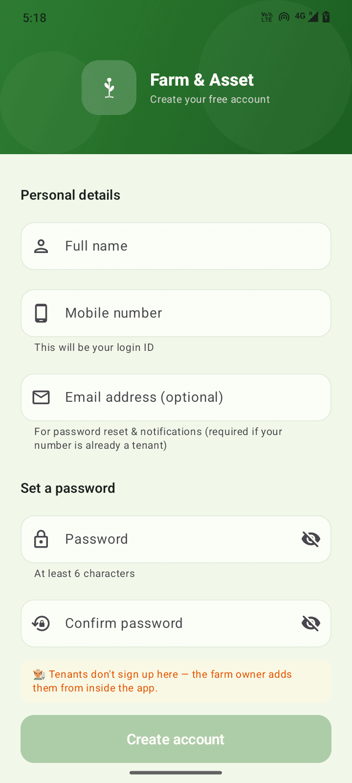 Create account — owners sign up, tenants are added from inside the app